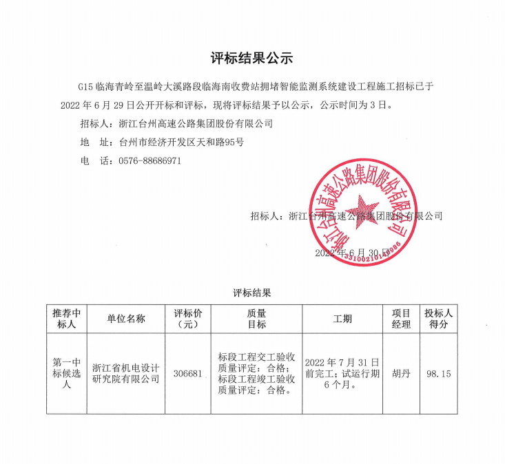 G15臨海青嶺至溫嶺大溪路段臨海南收費(fèi)站擁堵智能檢測系統(tǒng)建設(shè)工程評(píng)標(biāo)結(jié)果公示.png